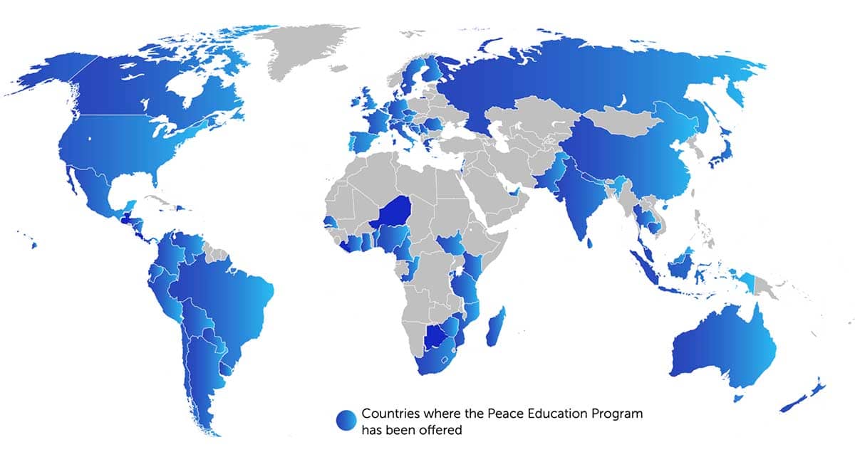 Peace Education Program world map of countries participating