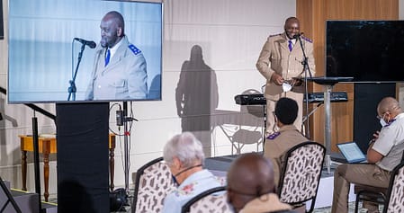 Rev. Dr. Menzi Mkhathini speaks at the April 15 meeting in Cape Town.