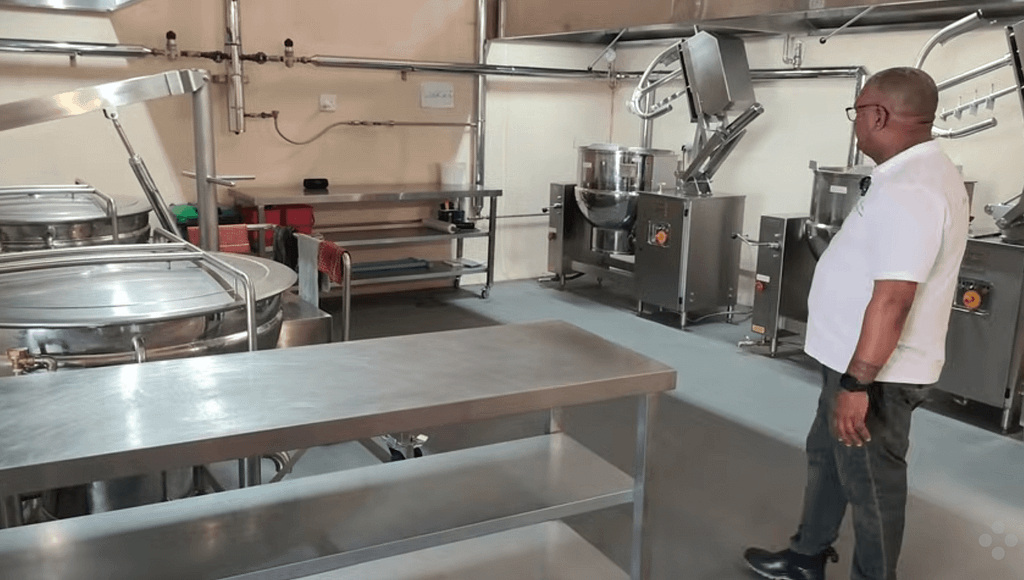 Photo shows the industrial sized, brand new, modern cooking equipment and work stations inside the newly renovated Food for People kitchen in Cape Flats, South Africa